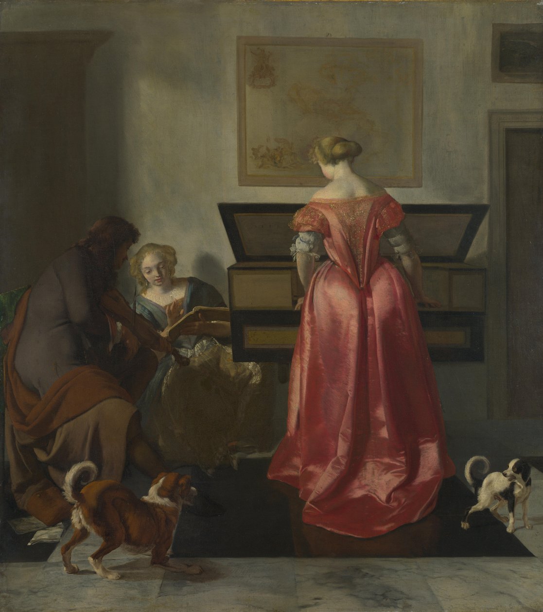 Dvě ženy a muž tvoří hudbu, cca 1675 od Jacob Lucasz. Ochtervelt