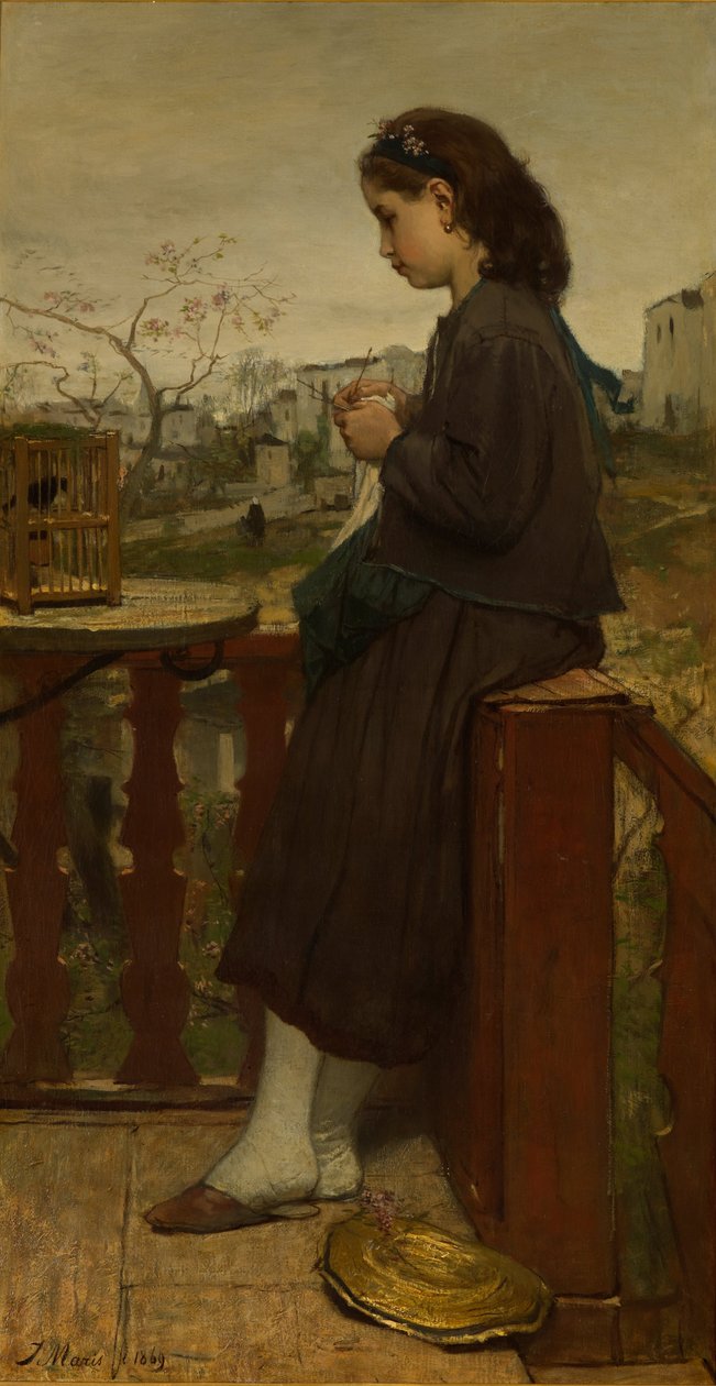 Dívka pletoucí na balkoně, Montmartre od Jacob Maris