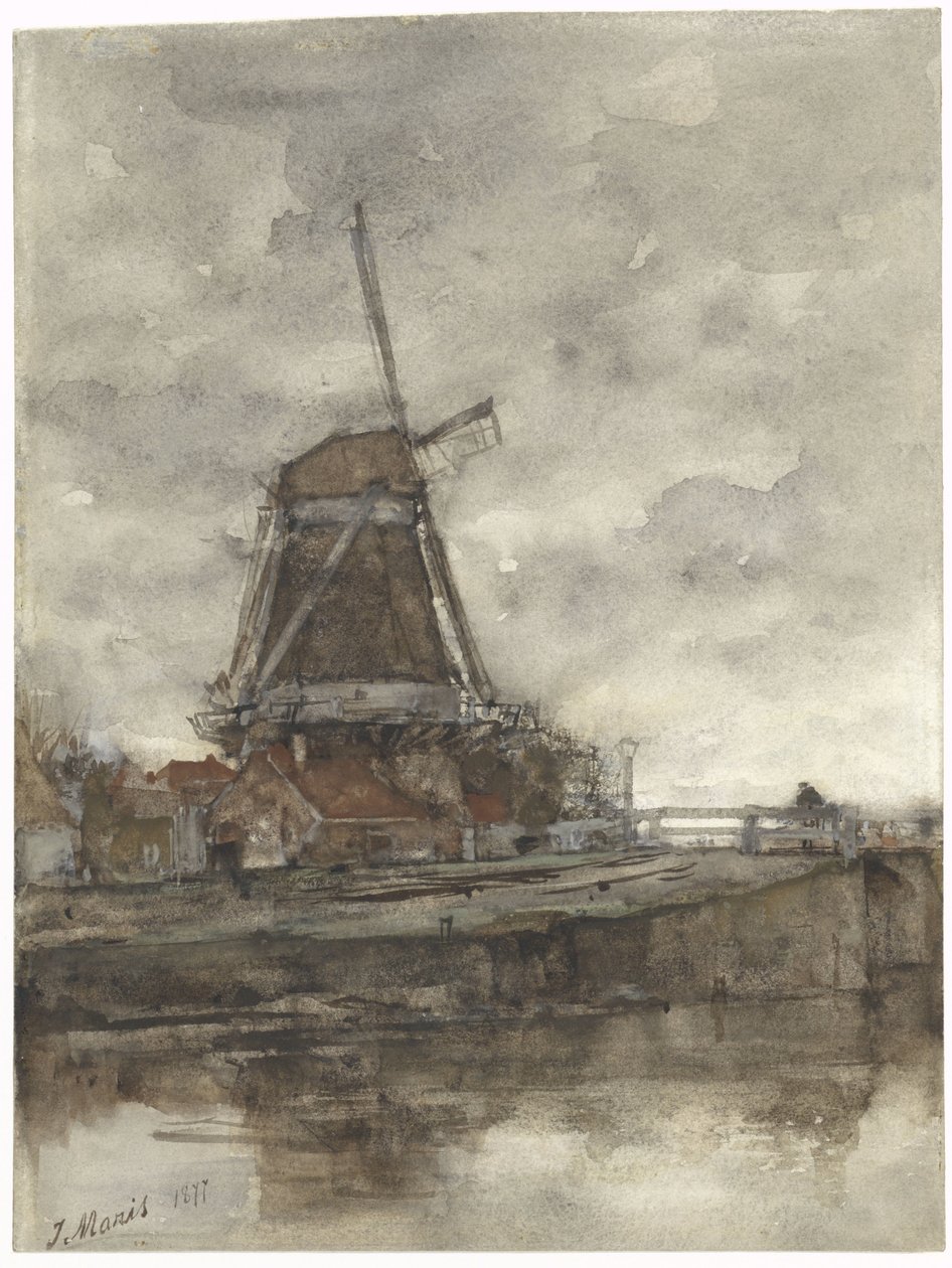 Větrný mlýn a most v Noord-West-Buitensingel v Haagu od Jacob Maris