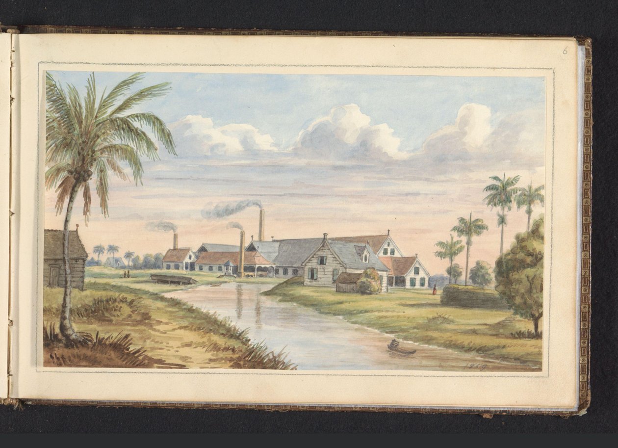 Cukrová plantáž Visserszorg na řece Commewijne Fabryk op pl.(antage) Visserszorg (titul na objektu) Album s kresbami Surinamu, str. 6 (50) (název série) od Jacob Marius Adriaan Martini van Geffen
