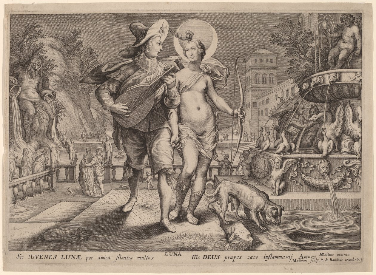 Diana jako Luna doprovázející mladého muže Serenading od Jacob Matham, after Hendrik Goltzius