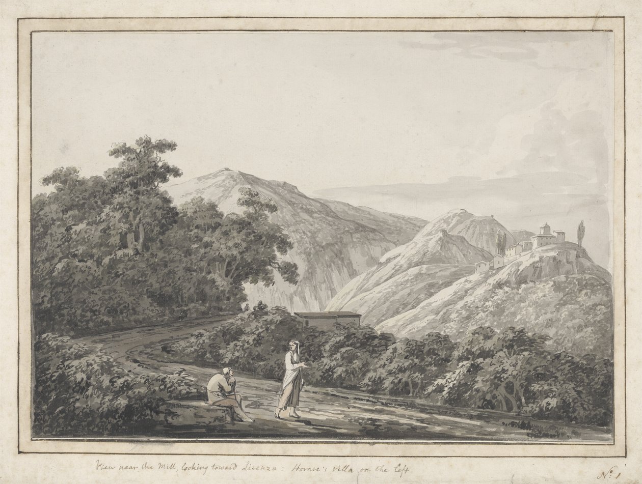 Pohled poblíž mlýna směrem k Licenze: Horaces Villa nalevo, 1783 (šedé omytí perem a černým inkoustem na papíře) od Jacob More