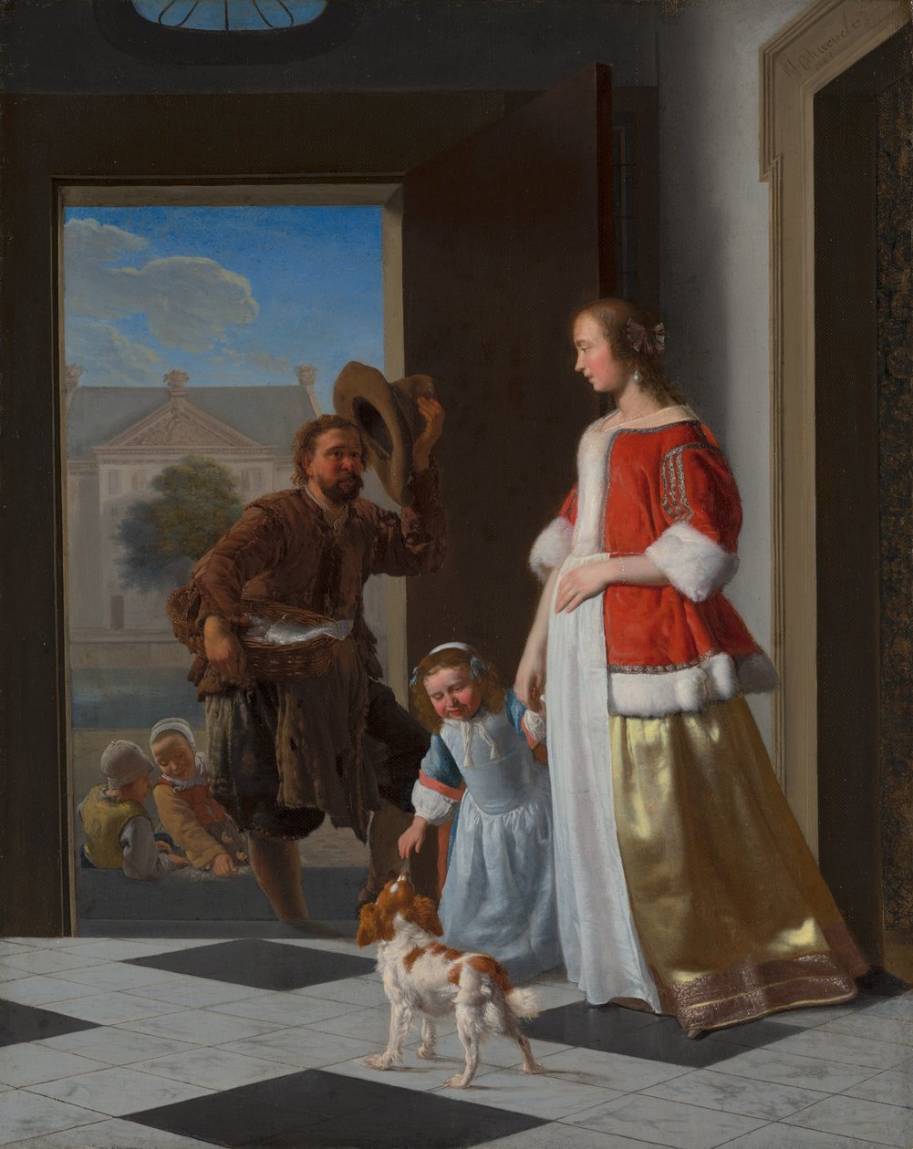 Obchodník s rybami u dveří, 1663 (olej na plátně na panelu) od Jacob Lucasz Ochtervelt