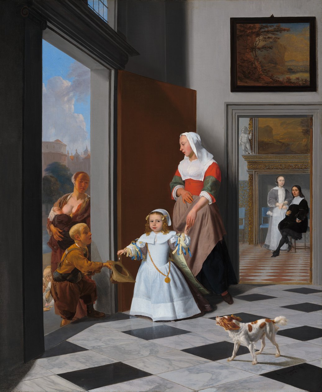 Zdravotní sestra a dítě v elegantním foyer, 1663. od Jacob Lucasz Ochtervelt