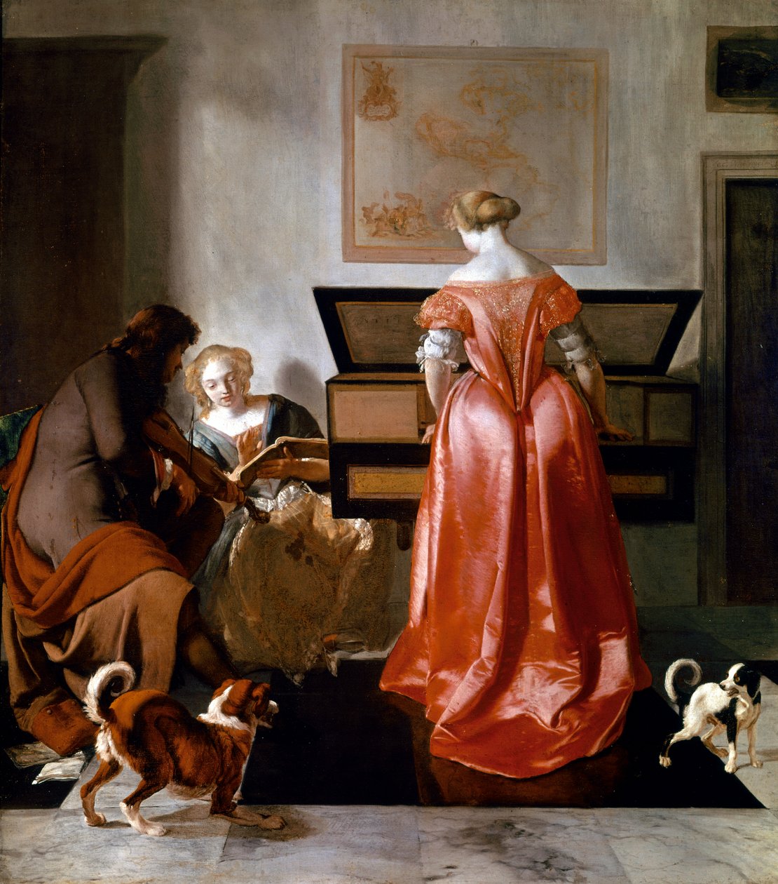 Žena hrající na viržínko, další zpívající a muž hrající na housle. 1675-1682. (olej na plátně) od Jacob Ochtervelt