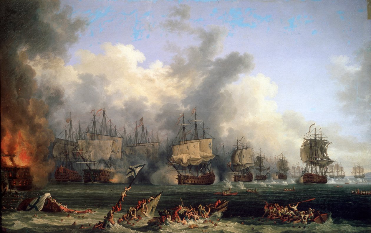 Potopení ruské bitevní lodi St. Evstafius v námořní bitvě u Chesmy, 1771. od Jacob Philipp Hackert