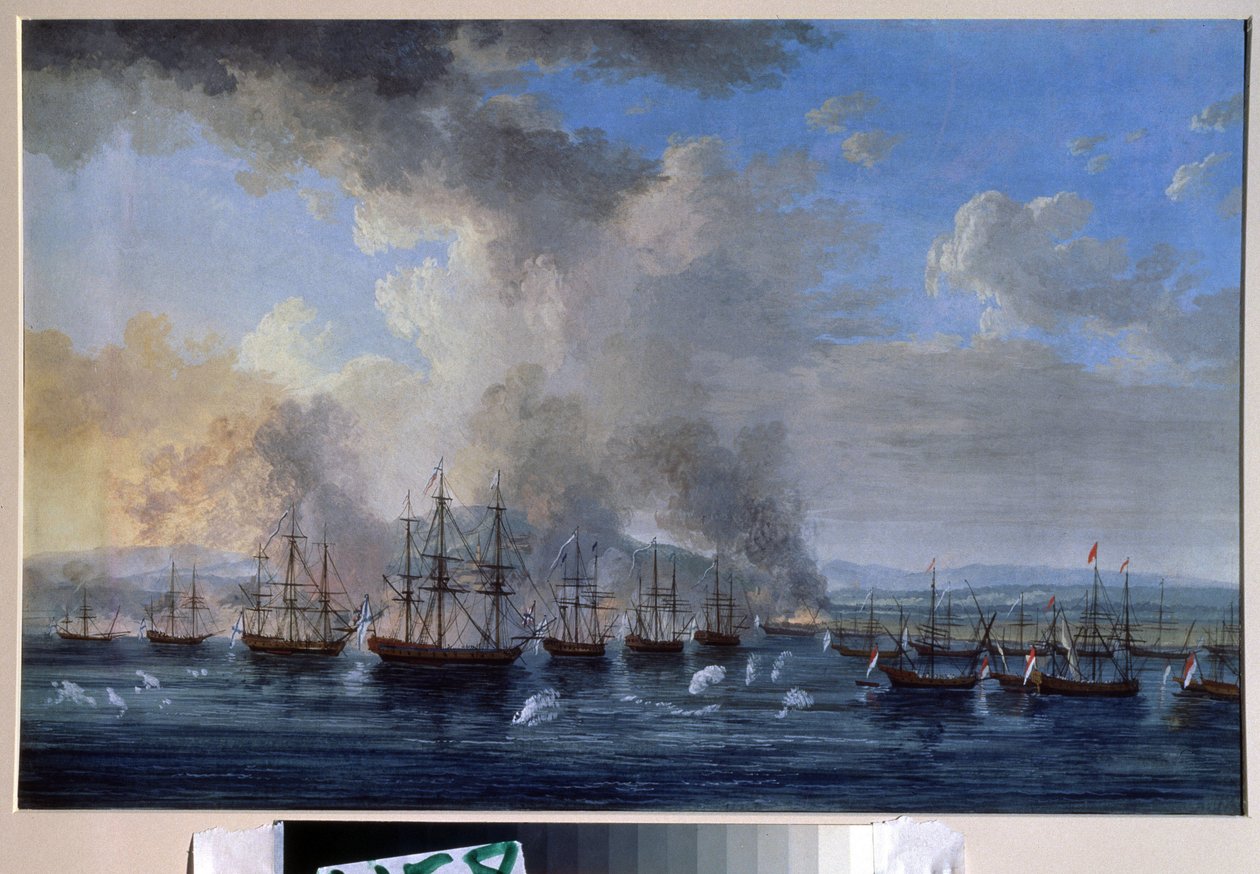 Rusko-osmanská válka: ""Námořní bitva u Damietty v roce 1770"" (Námořní bitva u Damietty v roce 1770) Postavila se proti flotilám Ruska Kateřiny II a Osmanské říše (Orloffova revoluce nebo Expedice bratří Orloffů). Malovat od Jacob Philippe Hackert