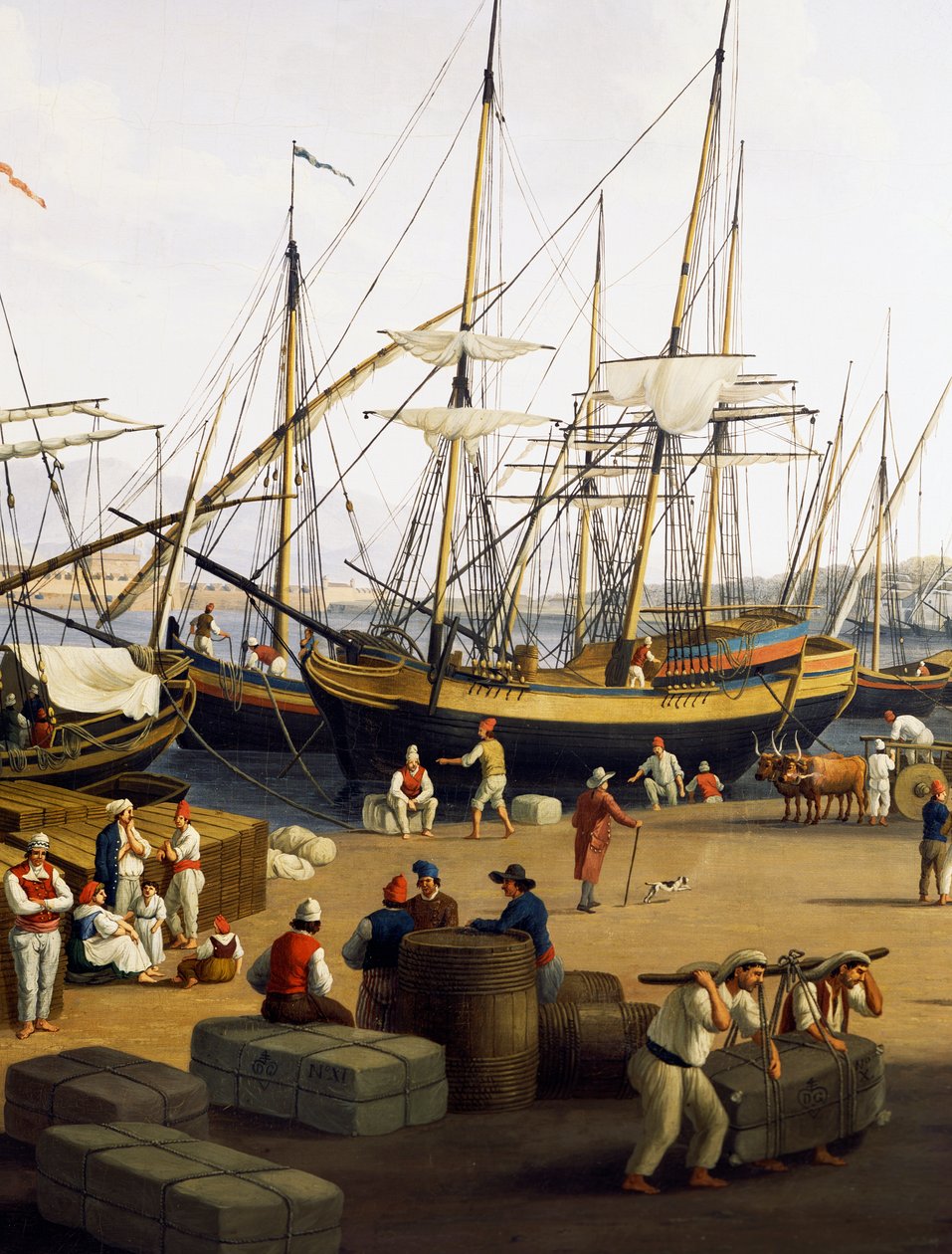 Podélníci, detail pohledu na přístav Messina z Palazzo del Senato od Jacob Philippe Hackert