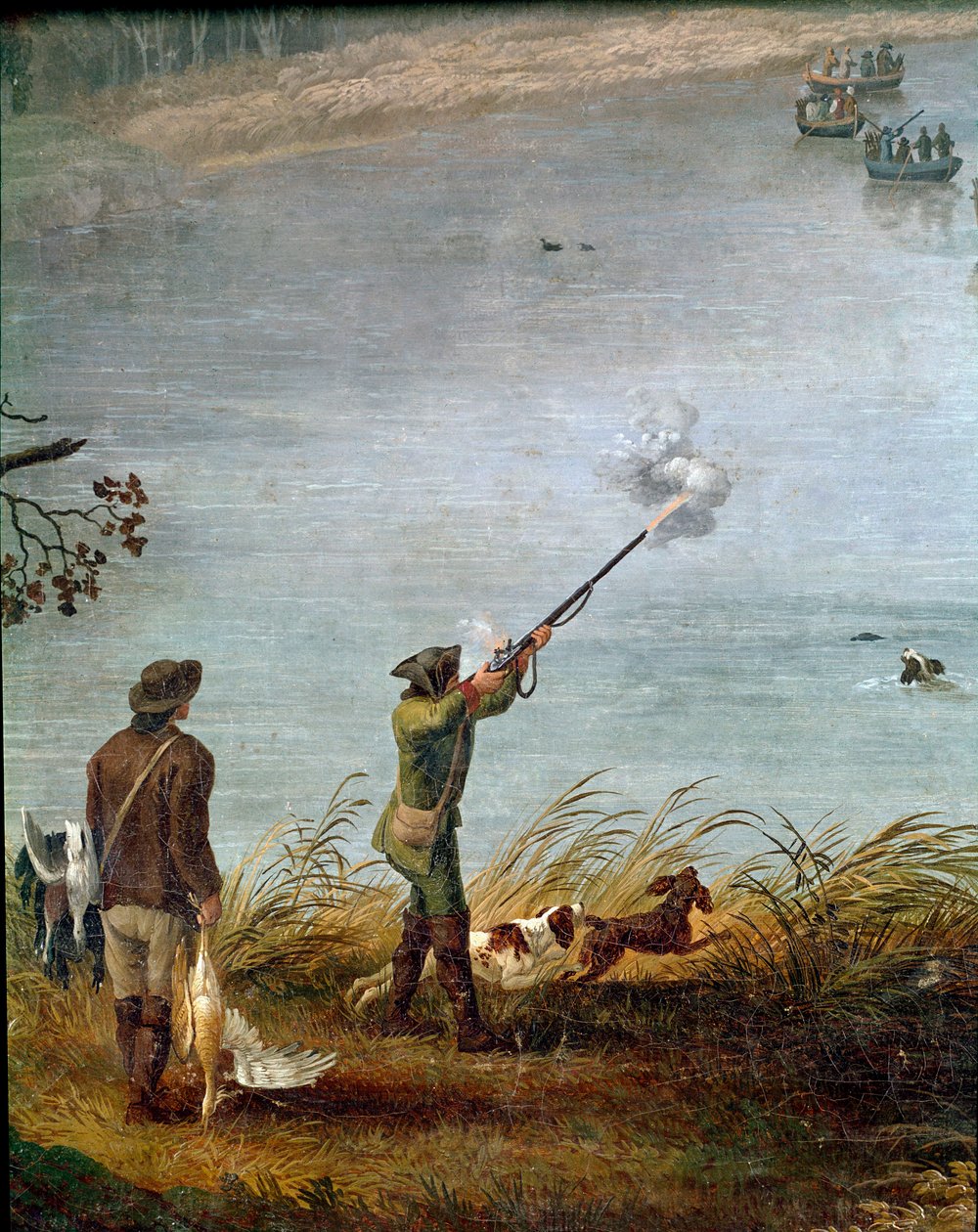 Lov lysky Ferdinanda I. ze dvou Sicílie (neboli Ferdinanda IV. Neapolského) (1751-1825) na jezeře Fusaro u Neapole, Itálie (Ferdinand IV. lov lysky na jezeře Fusaro) Detail - Malba Jacoba Philippa Hackerta dit Hackert d