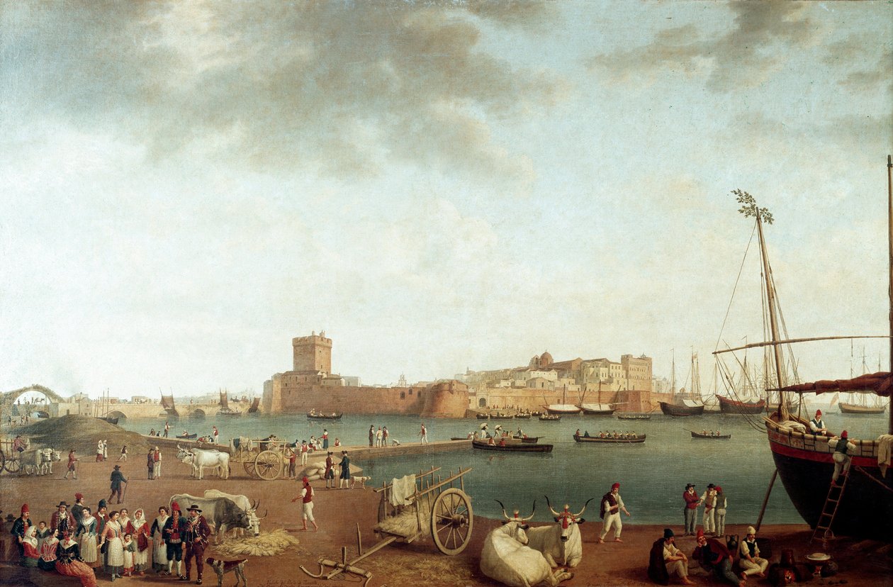 Pohled na přístav Taranto (malba od Jacob Philippe Hackert