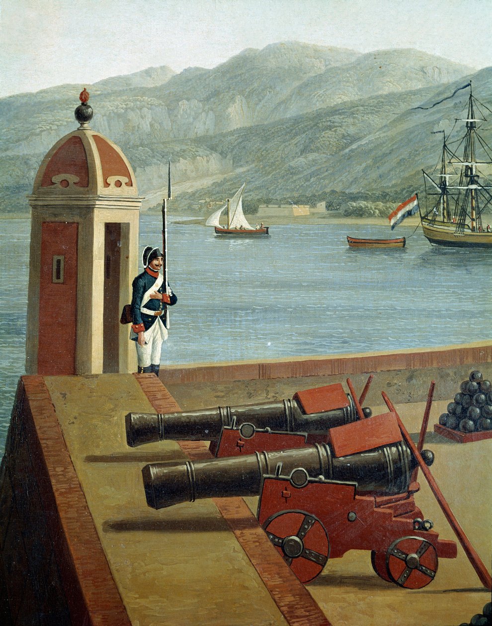 Pohled na vojenské opevnění přístavu Reggio Calabria (Pohled na vojenské opevnění Reggio Calabria) Detail stráže a děl (děla a stráž) - Malba Jacoba Philippa Hackerta dit Hackert d