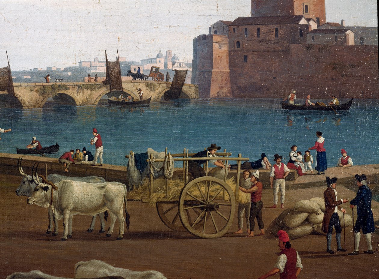 Pohled na přístav Taranto (Taranto) v Itálii v 18. století Dokaři v přístavu vykládající zboží, kočár tažený voly - Obraz Jacoba Philippa Hackerta dit Hackert d