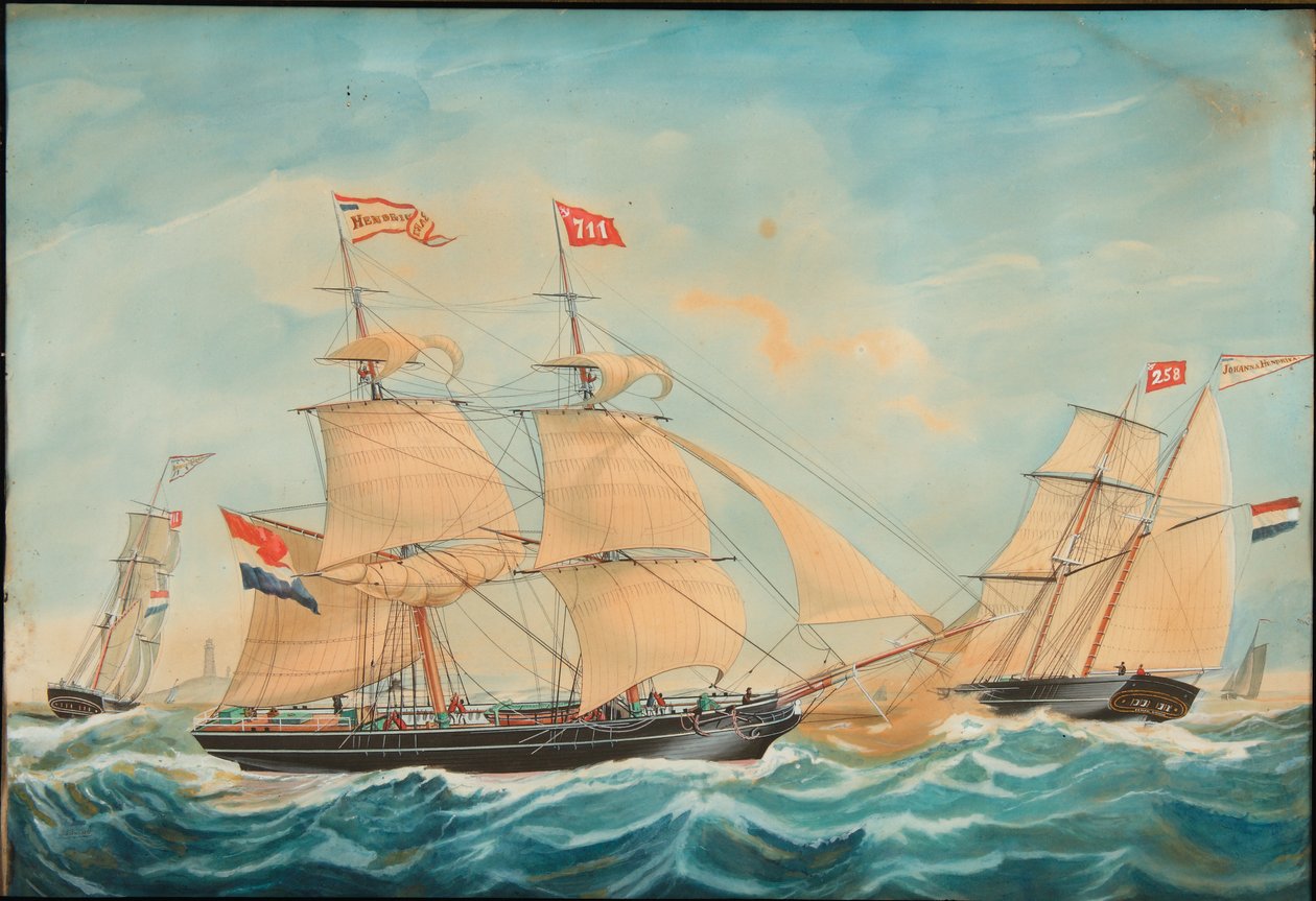 Hendrika Bartina a Johanna Hendrika plující poblíž pobřeží, 1852 od Jacob Spin
