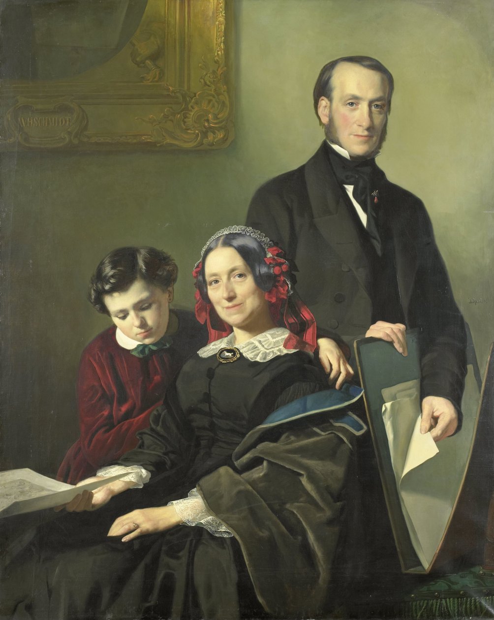 Paní A.J. Schmidt-Keiser, vdova po malíři Willemu Hendriku Schmidtovi (1809-49), učiteli Jacoba Spoela, se svým bratrem J.N. Keizer a její 10letý syn od Jacob Spoel