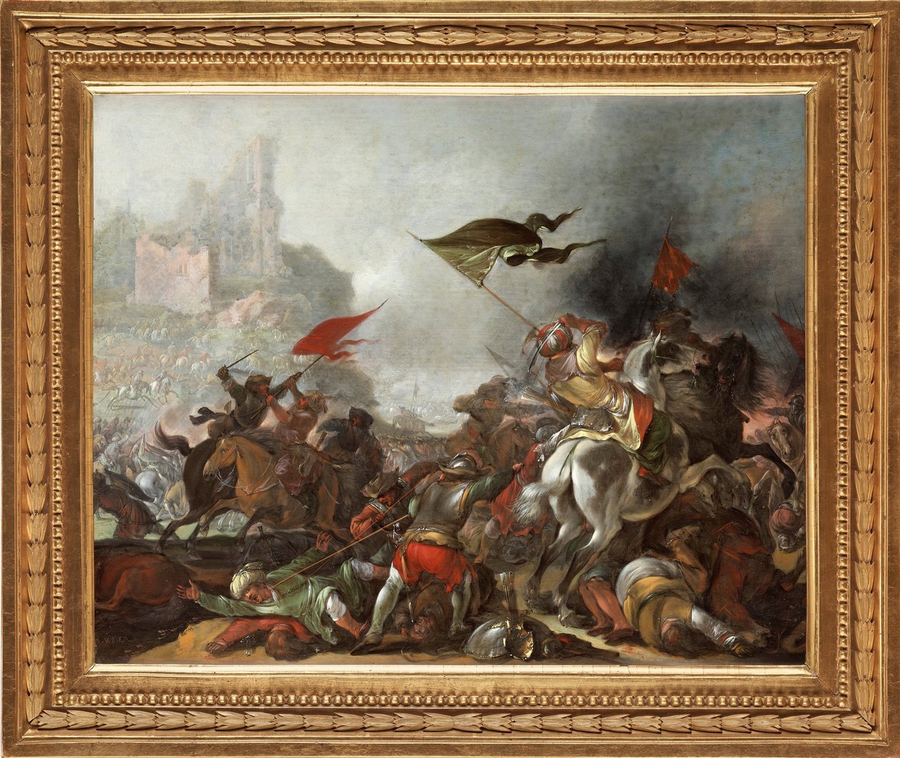 Bitva mezi Turky a křesťany při dobytí Konstantinopole osmanskou armádou v roce 1453 - Obraz Jacoba Matthiase Weyera (1620-1670), olej na dřevě (39x49 cm) - Turecká válka, Olej na dřevě od Jacoba Matthiase Weyera - soukromá sbírka od Jacob Weyer