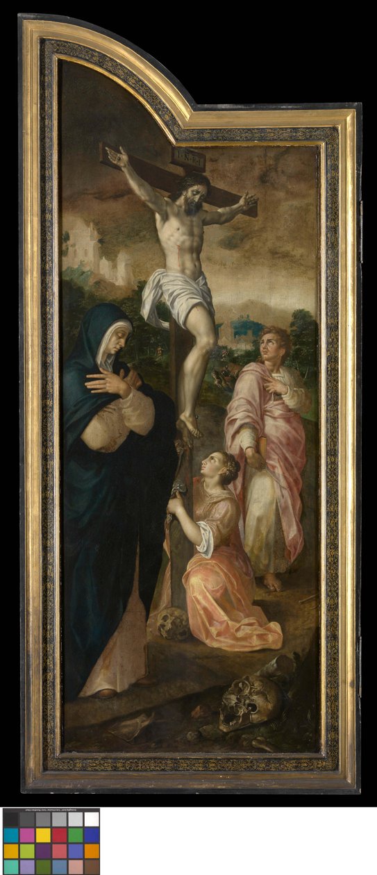 Ukřižování (levé křídlo), Proroctví o uzdravení Ezechiáše (střední panel), Opat Jakub Delrio se svatým patronem (pravé křídlo), Vzkříšení Lazara (grisaille, zadní strana vnějších křídel). od Jacob de Backer