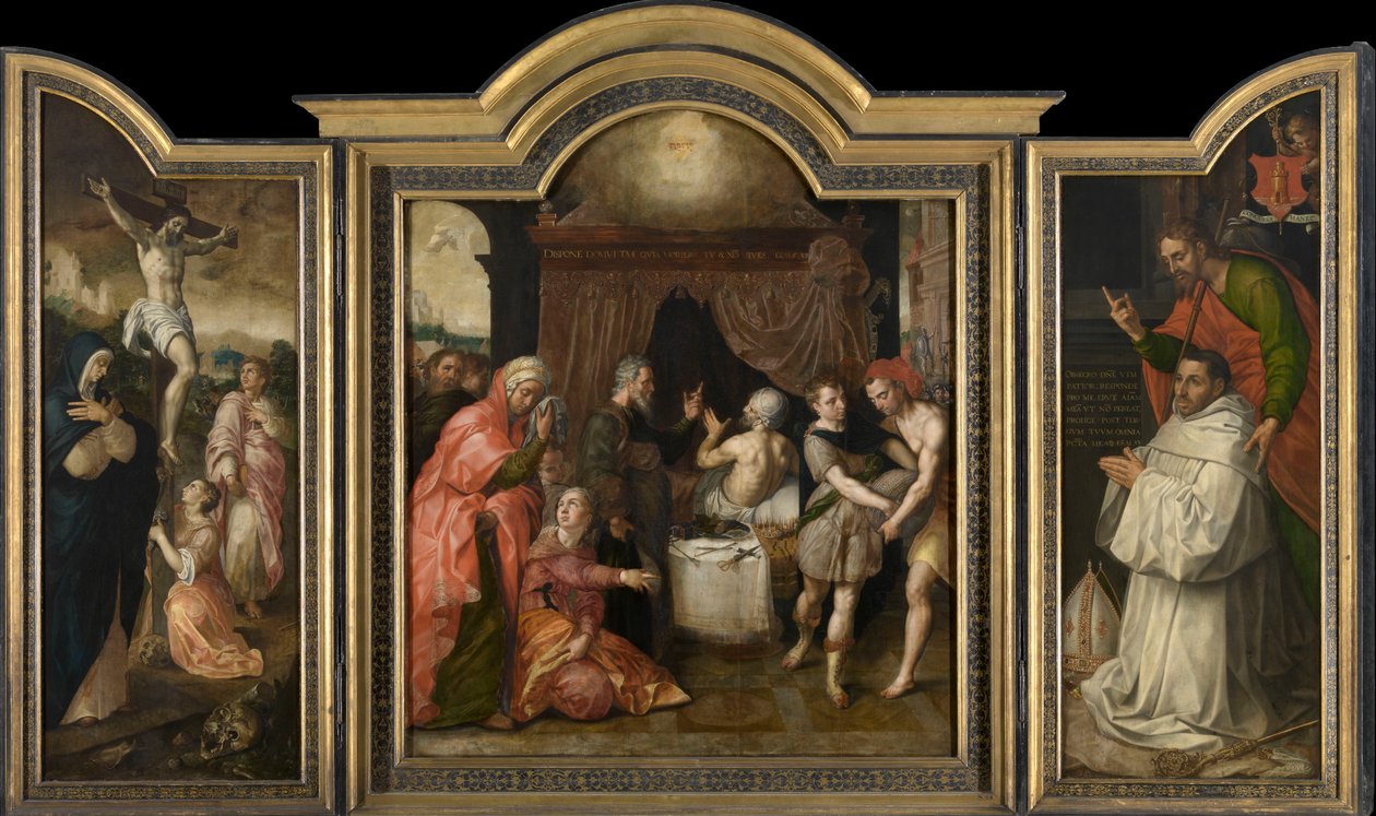 Ukřižování (levé křídlo), Proroctví o uzdravení Ezechiáše (střední panel), opat Jacobus Delrio se svatým patronem (pravé křídlo) (olej na panelu) od Jacob de Backer