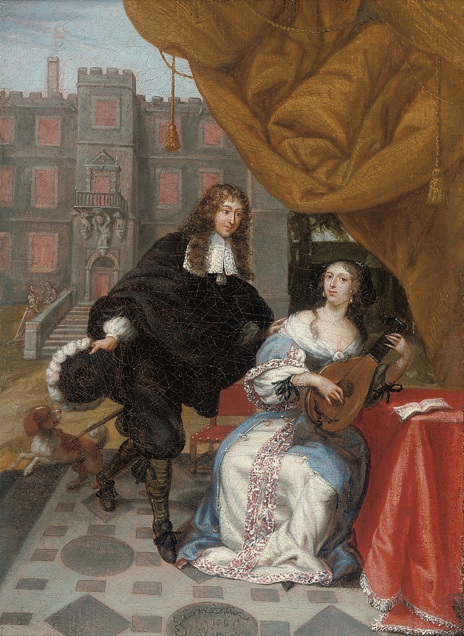 Pán dvořící se paní muzicírující na nádvoří, 1668 od Jacob de Fourmentrou