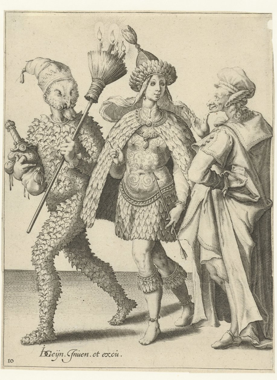 Tři maskované postavy, jedna z nich s koštětem, ve kterém jsou zapíchnuté svíčky Maškarády (název série) od Jacob de Gheyn (II) (workshop of)