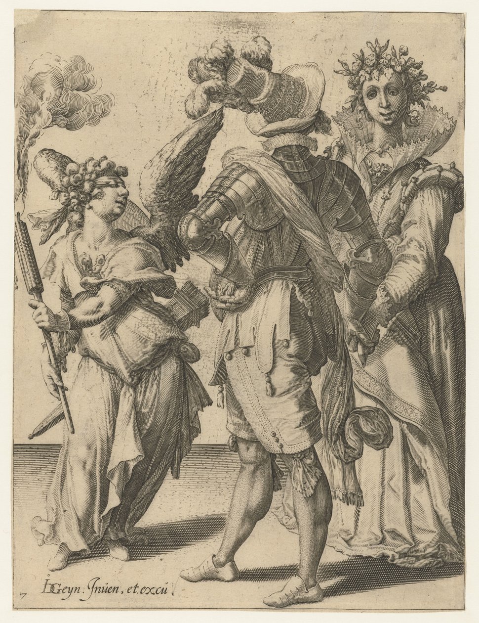 Amor se zavázanýma očima s pochodní před párem ve slavnostním oblečení Maškarády (název série) od Jacob de Gheyn (II) (workshop of)
