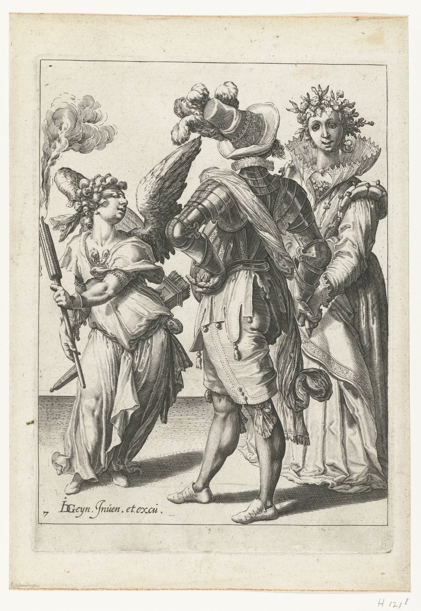 Amor se zavázanýma očima s pochodní před párem ve slavnostním oděvu Maškarády (název série) od Jacob de Gheyn (II) (workshop of)