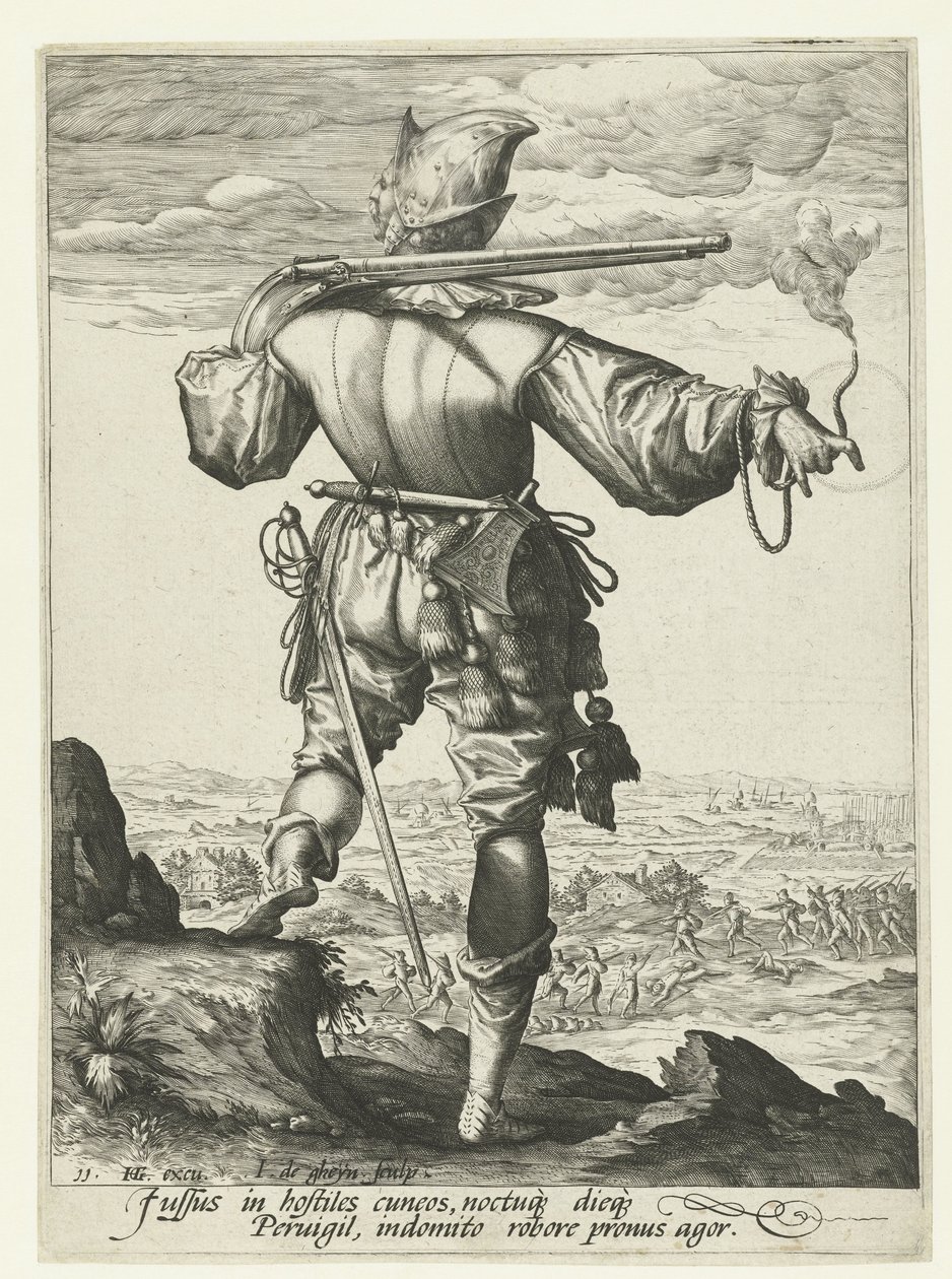 Mušketýr (harkebuzér?) s přilbou Důstojníci a vojáci (název série) od Jacob de Gheyn (II)