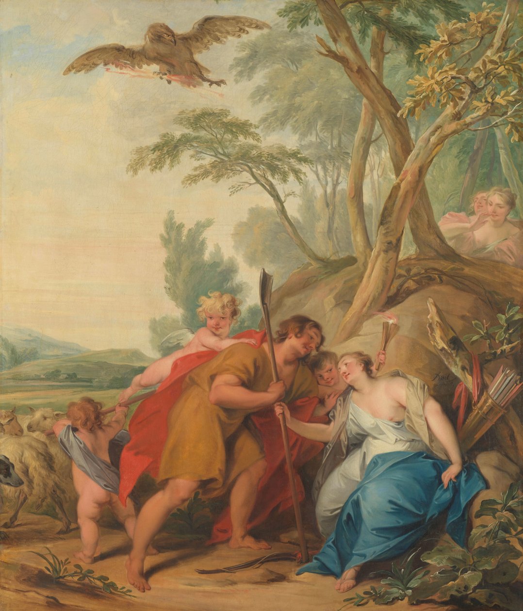 Jupiter, převlečený za pastýře, svádí Mnemosyne, bohyni paměti od Jacob de Wit (signed by artist)