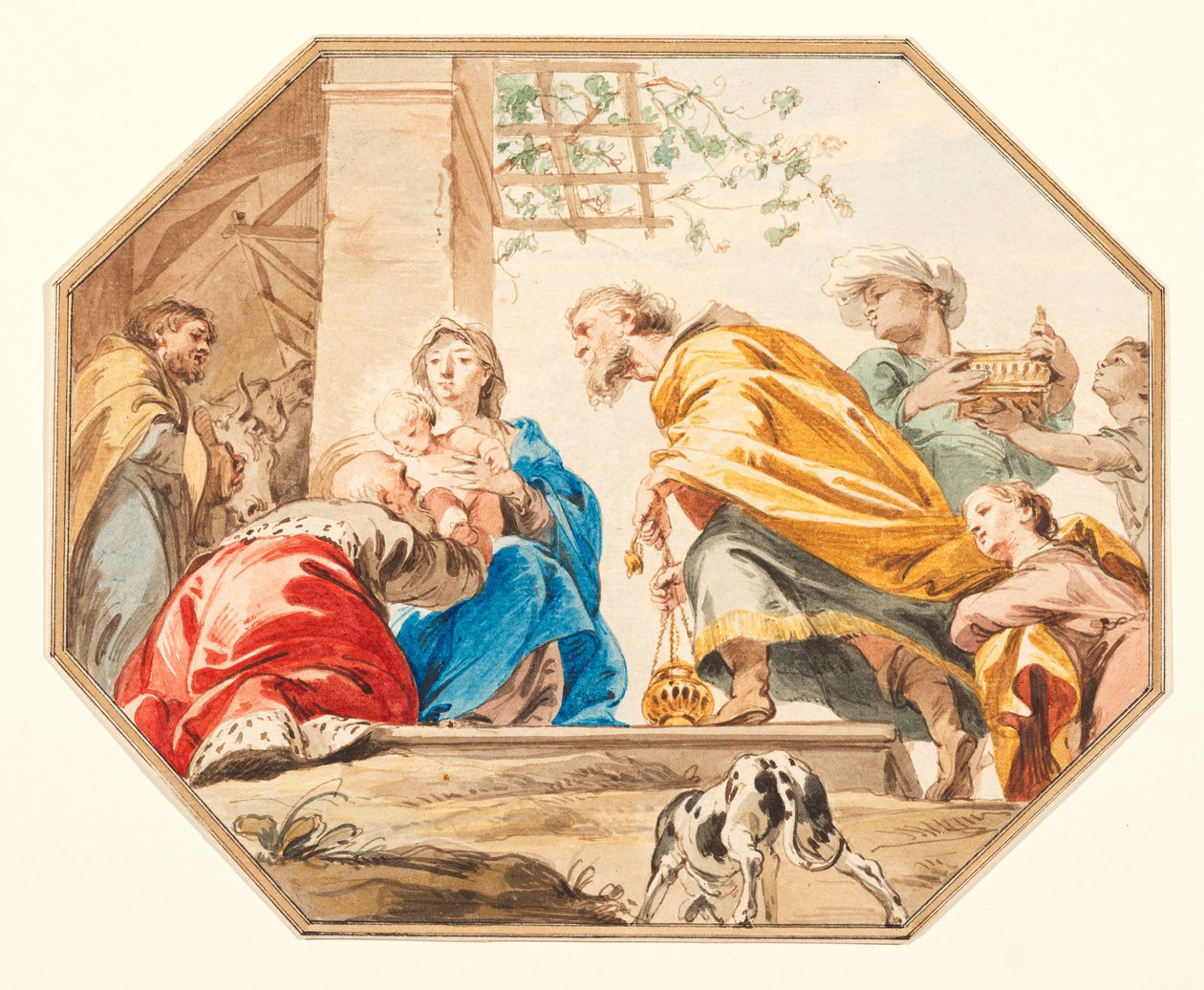 Klanění tří králů, kolem roku 1751 (grafit, pero a hnědý inkoust, akvarel na položeném papíře, rozřezáno do osmiúhelníku, s hnědým inkoustem a lavírovanými okraji) od Jacob de Wit