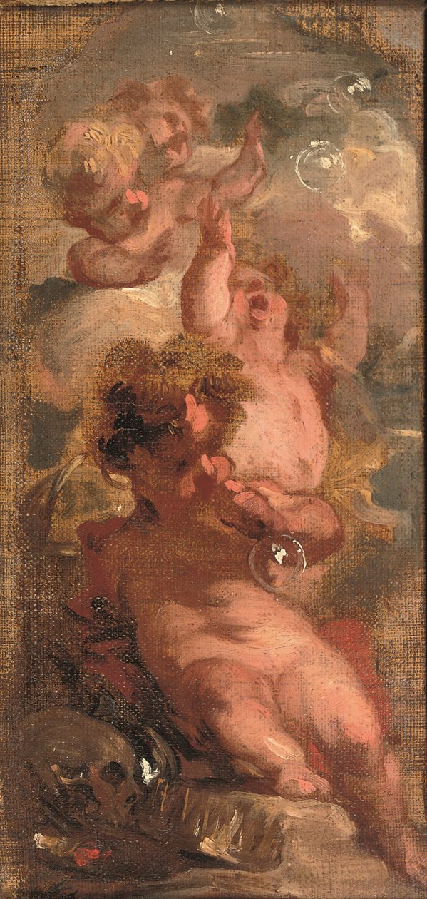 Alegorie Vanitas: Čtyři putti vyfukující bubliny, lebka, umělcova paleta a koruna poblíž (olej na plátně položeném na panelu) od Jacob de Wit