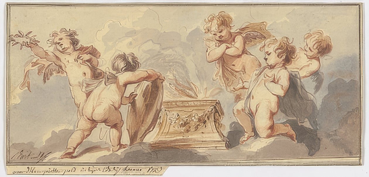 Pět amouretek obětuje u oltáře. 1723 od Jacob de Wit