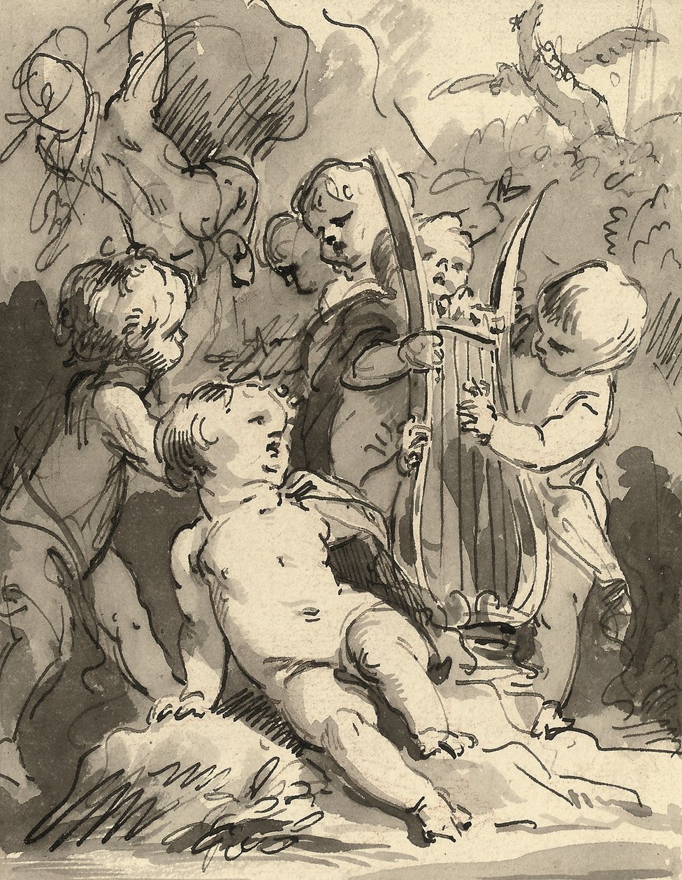 Putti hraje na lyru (červená křída, pero a černý inkoust a šedá barva) od Jacob de Wit