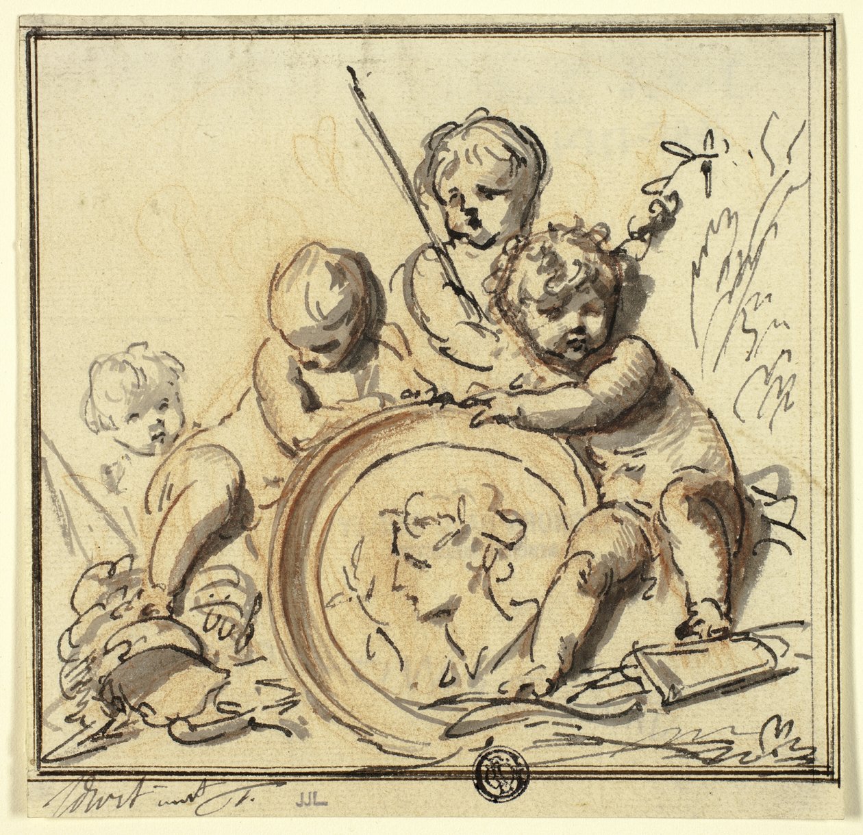 Putti s medailonem od Jacob de Wit