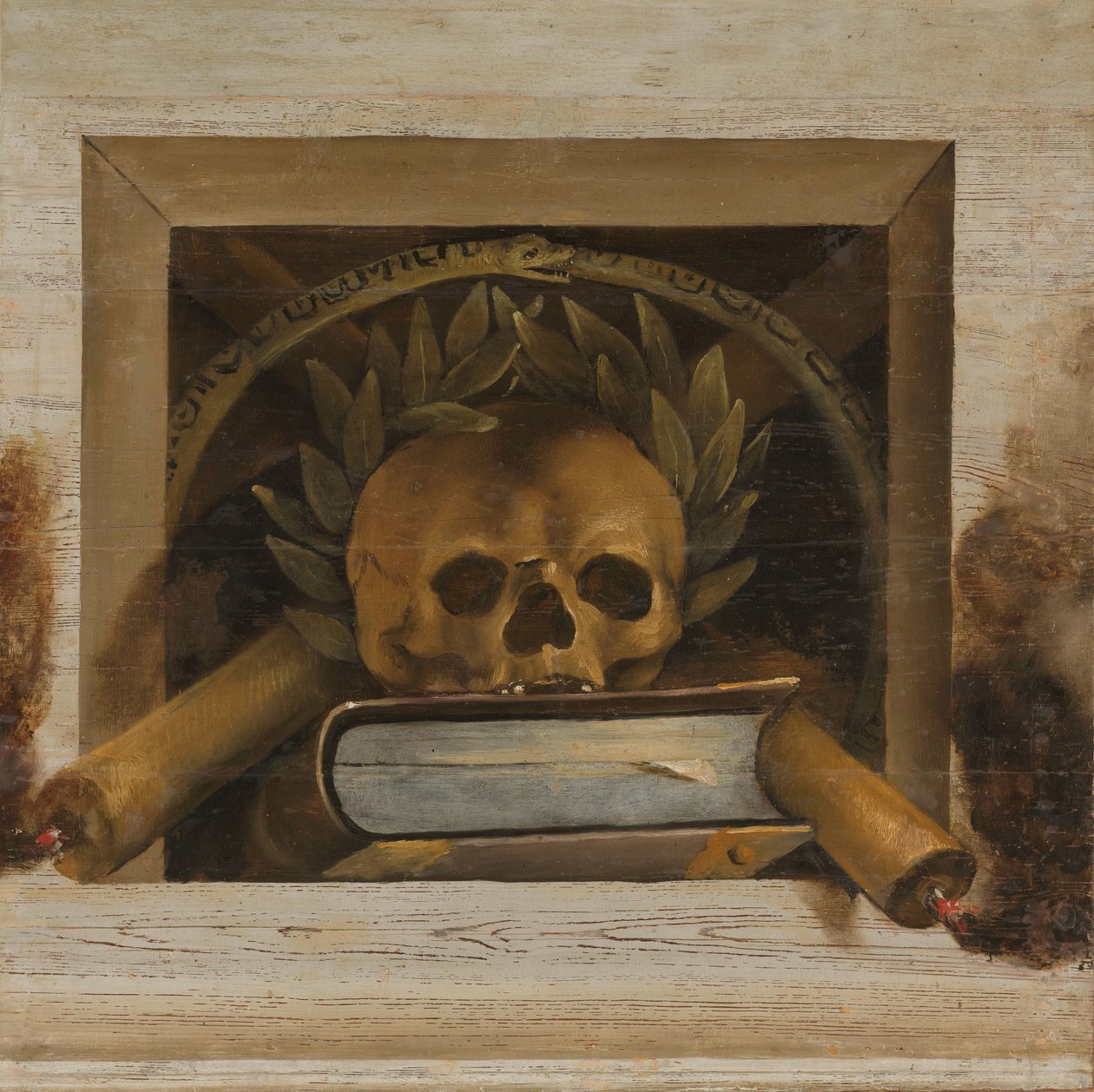 Zátiší Vanitas s lebkou s vavřínovým věncem, knihou a dvěma hořícími svíčkami od Jacob van Campen