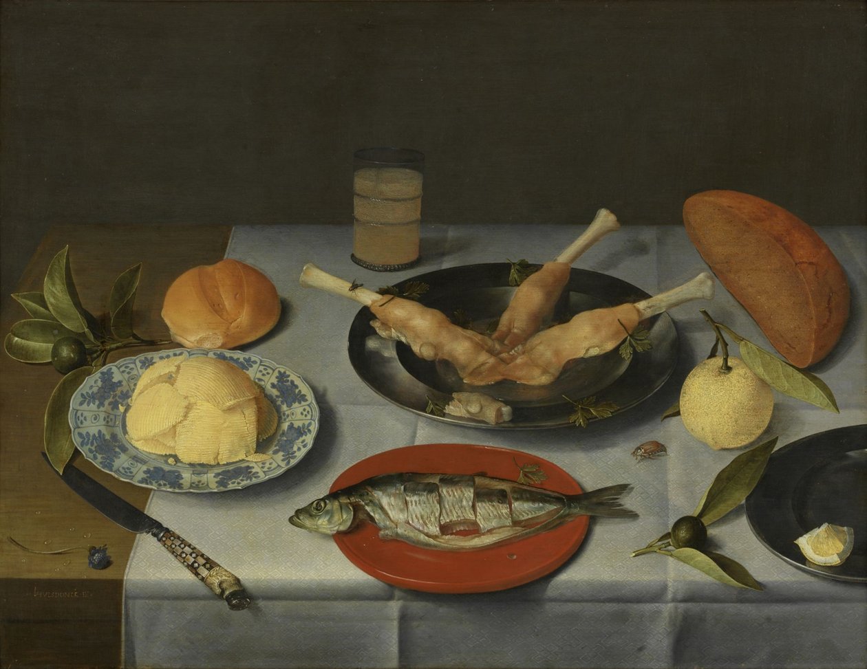 Snídaně s chlebem, sýrem, rybami a pivem, c. 1615 od Jacob van Hulsdonck