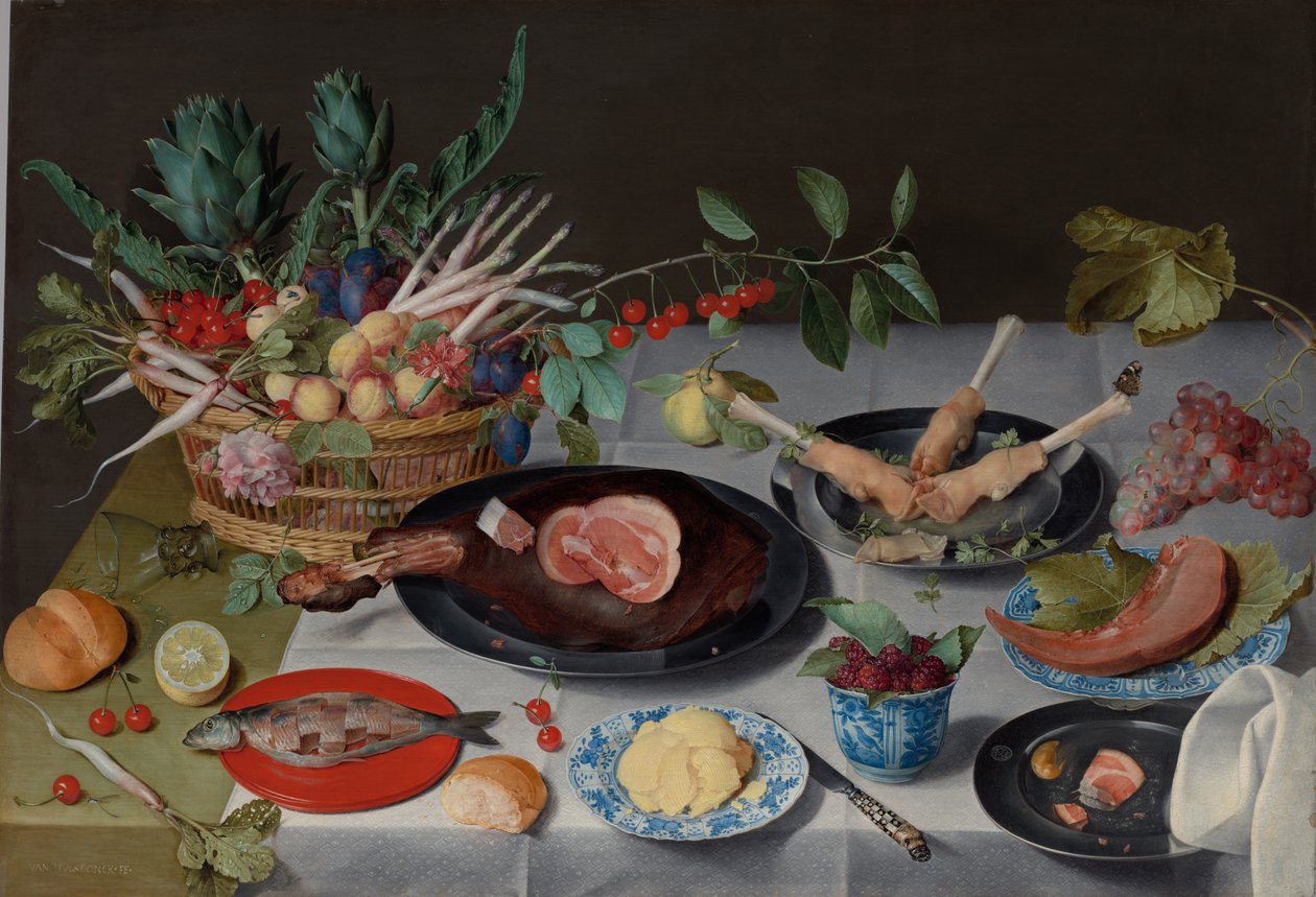 Zátiší s masem, rybami, zeleninou a ovocem, c.1615-20 od Jacob van Hulsdonck