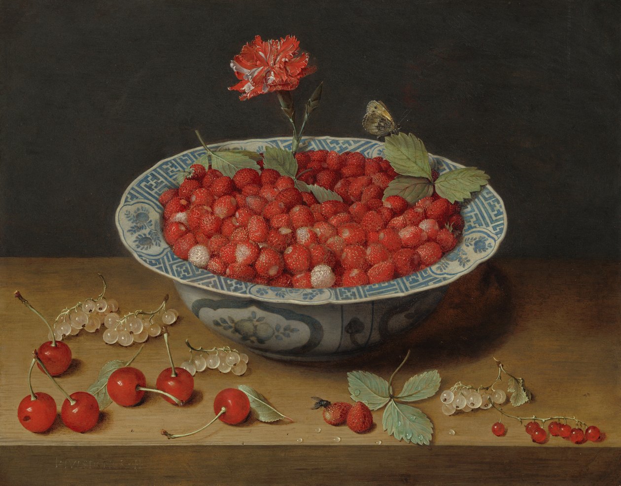 Lesní jahody a karafiát v misce Wan-Li, c. 1620. od Jacob van Hulsdonck