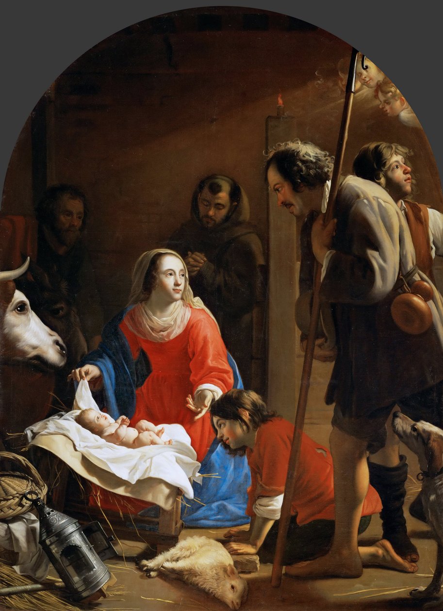 Klanění pastýřů se svatým Františkem z Assisi - Jacob (Jacques) van Oost, starší (1601-1671). Olej na plátně, c. 1645. Rozměr : 258x189 cm. Uměleckohistorické muzeum, Vienne od Jacob van Oost