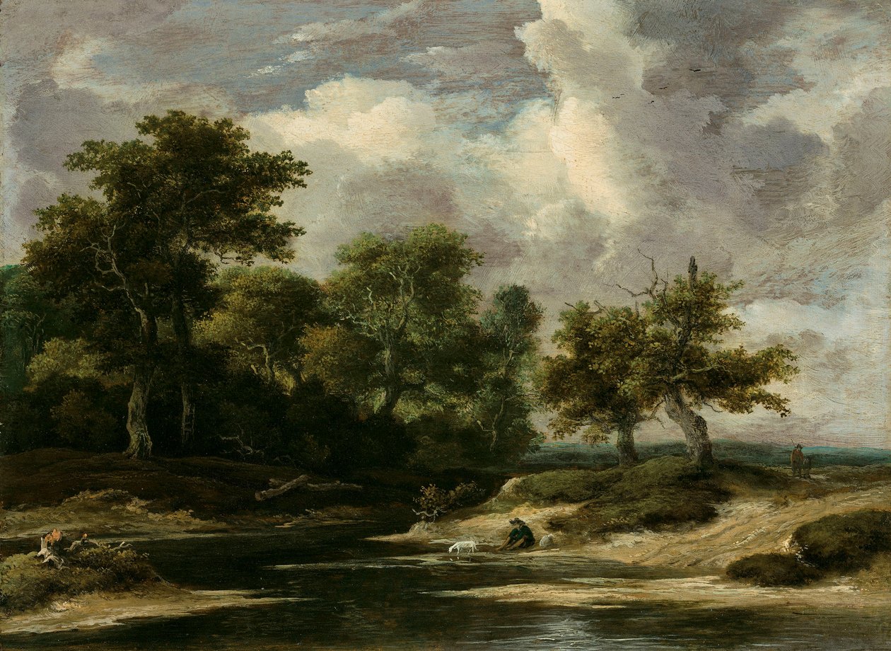 Zalesněná říční krajina s pocestným a psem od Jacob van Ruisdael