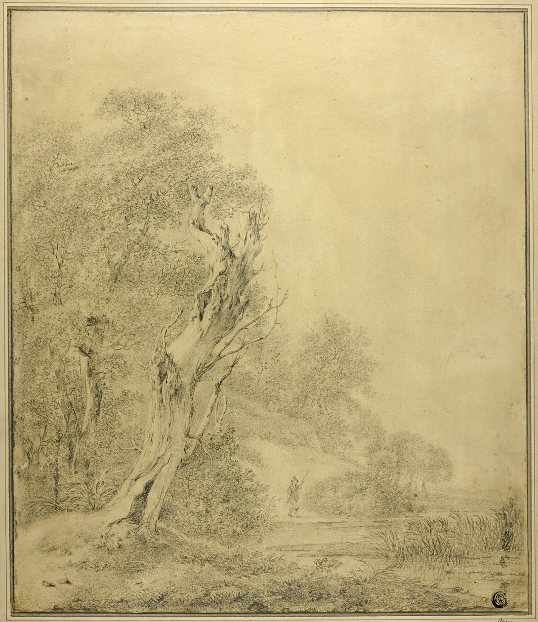 Mrtvý strom na okraji vody, postava blížící se s tyčí od Jacob van Ruisdael