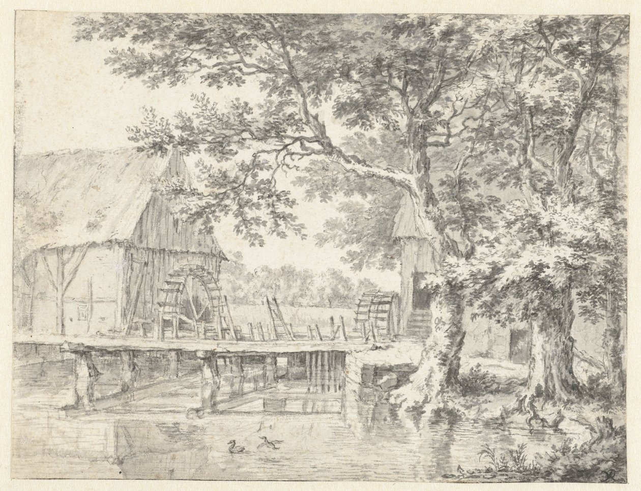 Kresba dvojitého vodního mlýna od Jacob van Ruisdael