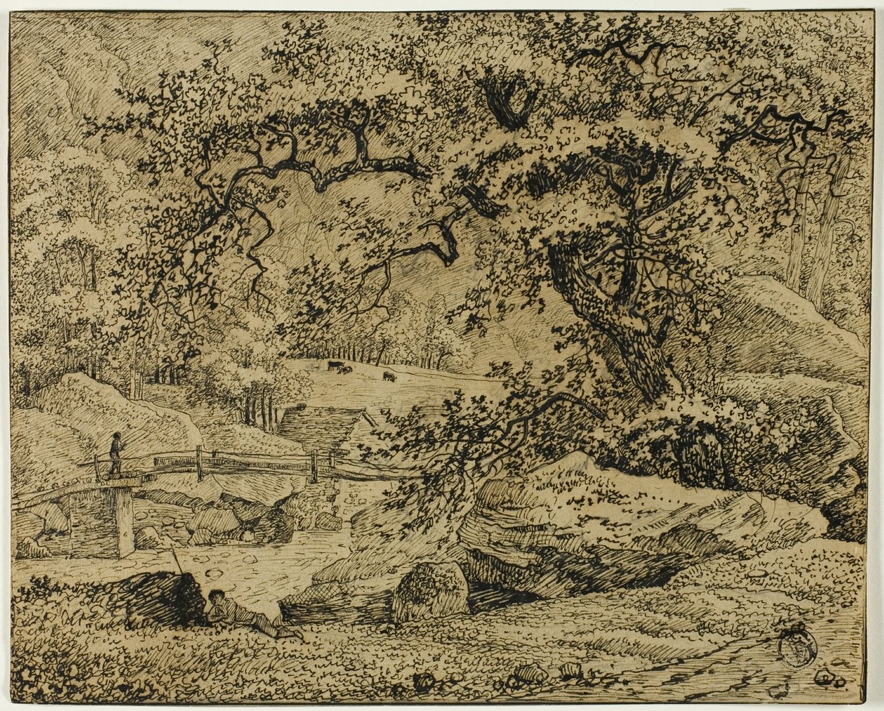 Krajina s postavou odpočívající pod stromem u potoka od Jacob van Ruisdael