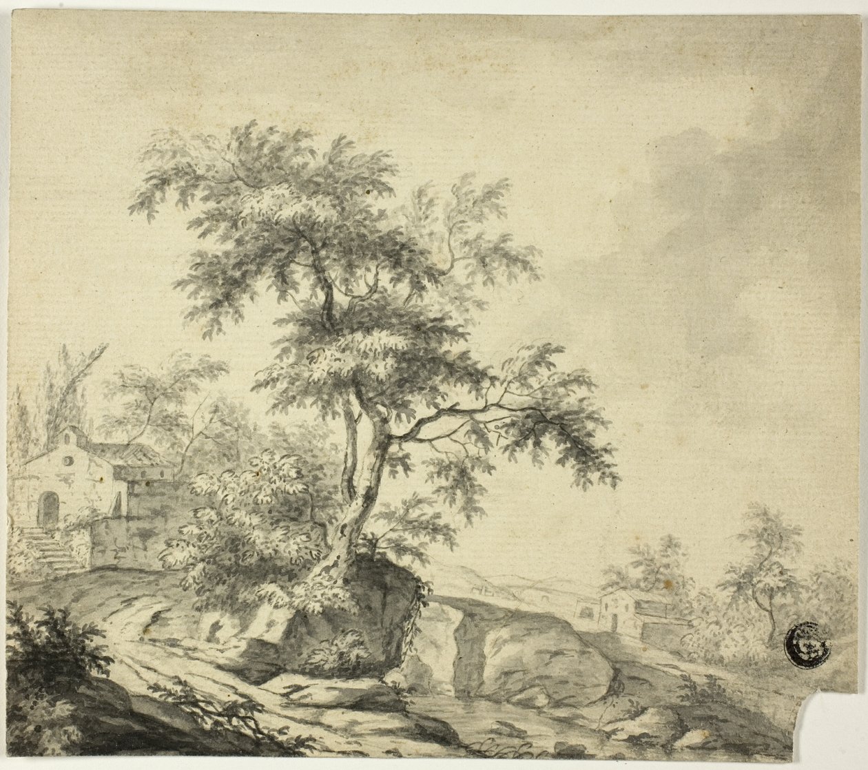 Krajina se stromem na cestě k budovám od Jacob van Ruisdael