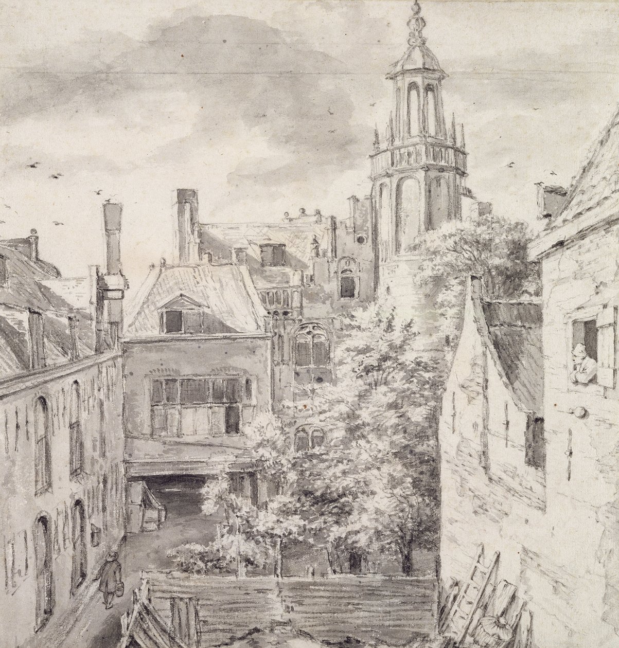 Pohled na nádvoří Domu lukostřelců Cechu svatého Šebestiána na Singel v Amsterdamu (tužka a mytí na papíře) od Jacob van Ruisdael