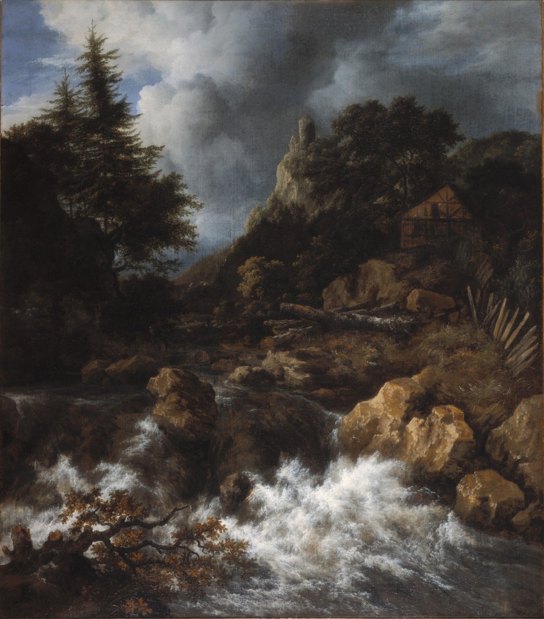 Vodopád s hrázděným domem a hradem od Jacob van Ruisdael