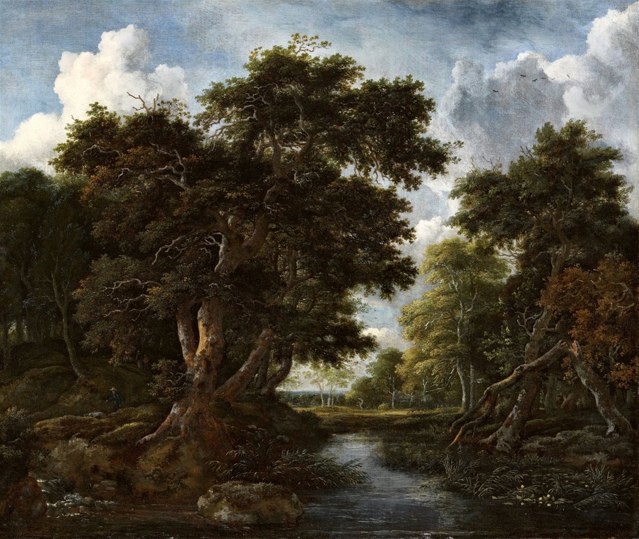 Zalesněná krajina s lovci a řekou od Jacob van Ruisdael