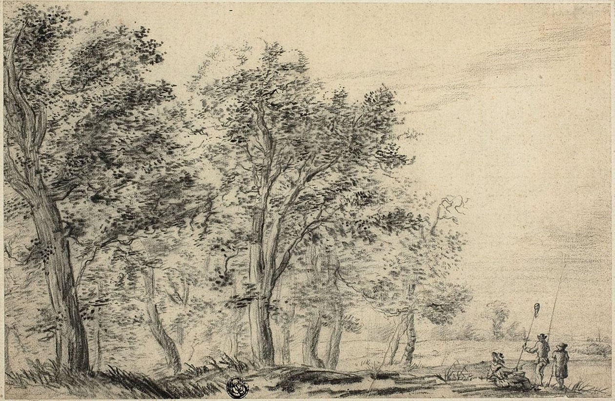 Zalesněná říční krajina s třemi lidmi rybaření od Jacob van Ruisdael