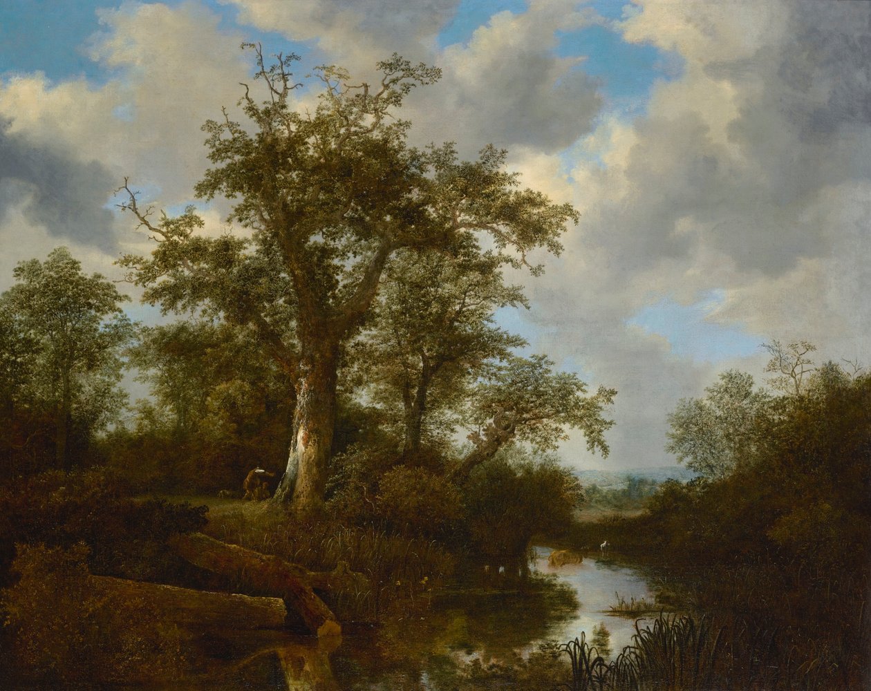Zalesněná krajina s dobytkem překračujícím potok od Jacob van Ruisdael