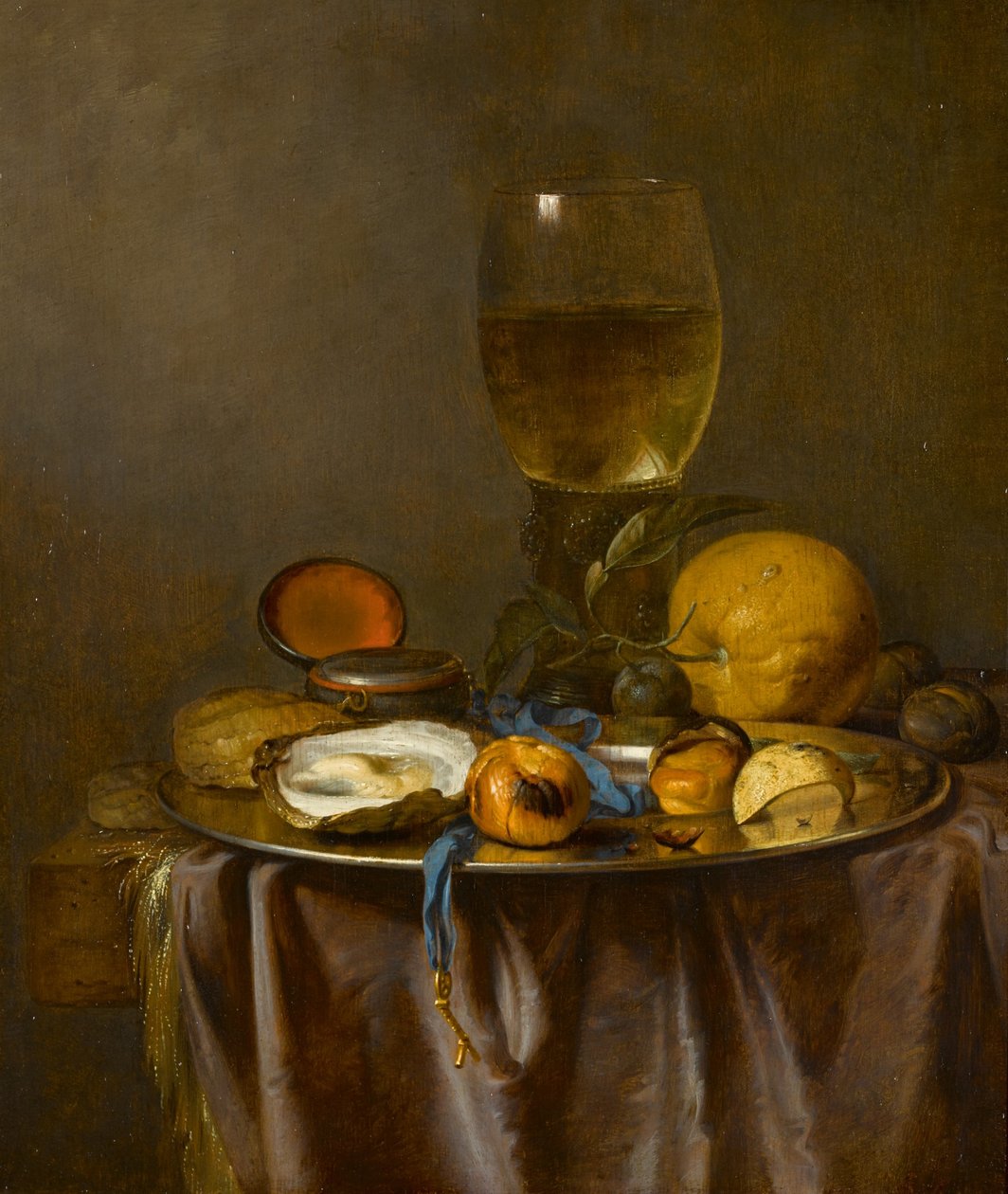 Zátiší s romerem, hodinkami, ústřicí a ovocem od Jacob van Walscapelle