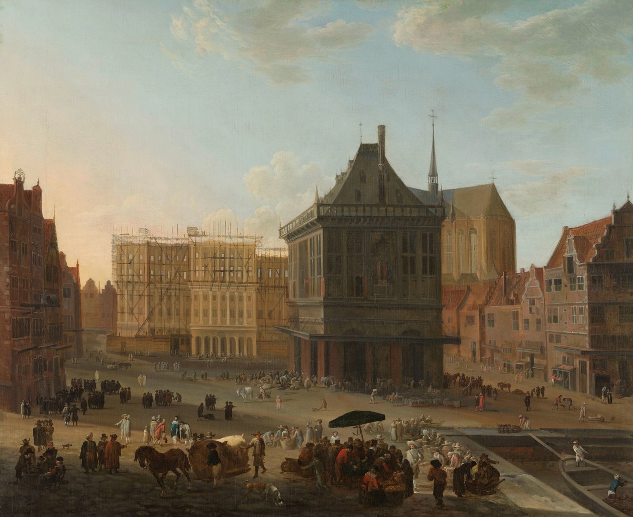 Přehrada v Amsterdamu s novou radnicí ve výstavbě od Jacob van der Ulft (attributed to)