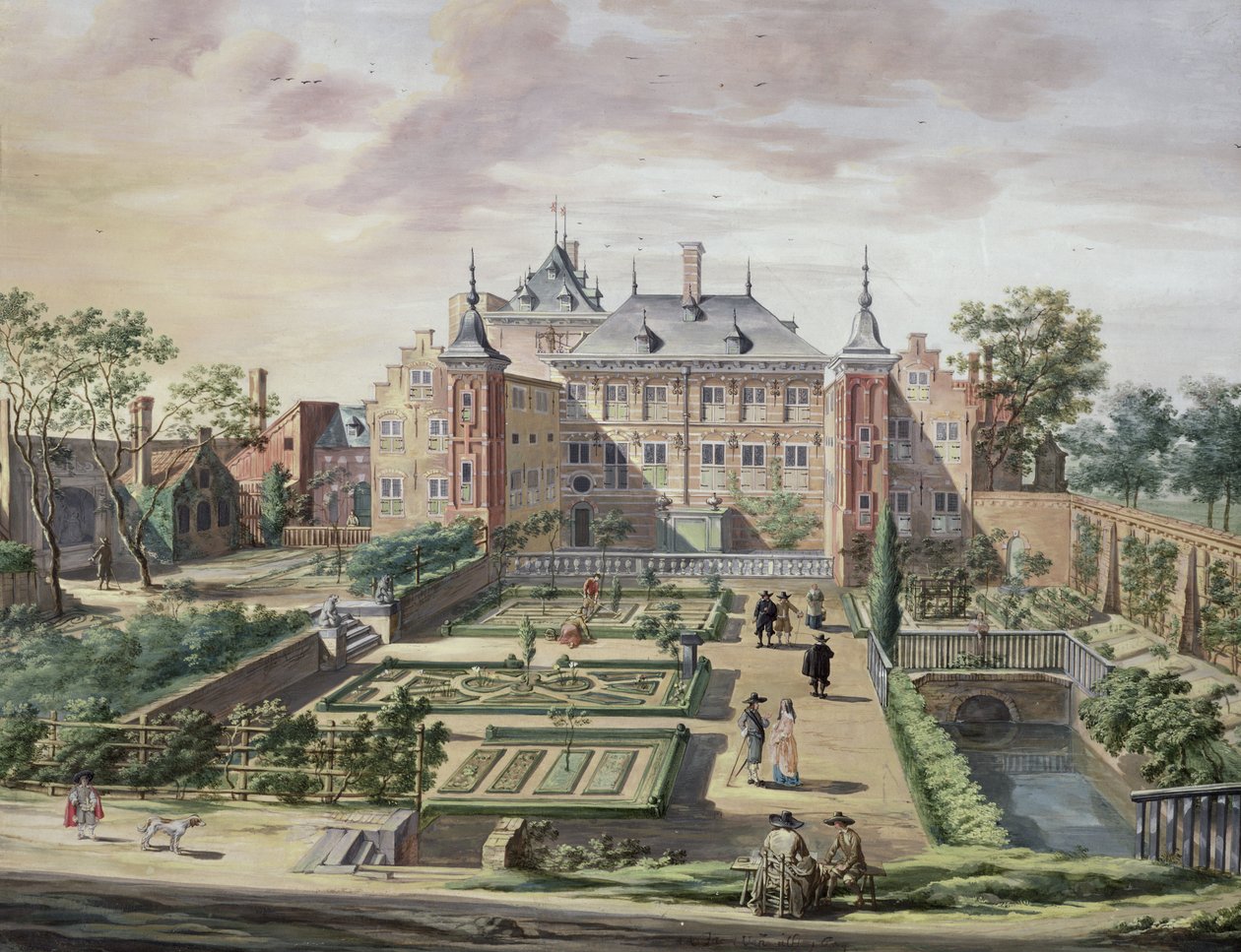 Imaginární pohled na "Het Tolhuis" na řece Merwede u Gorcumu, asi 1654 (kvaš na pergamenu) od Jacob van der Ulft